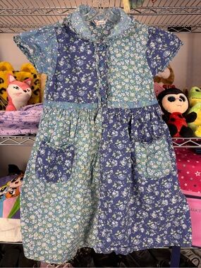 Vintage April Cornell Girls Patchwork Dress Blue Floral Cottagecore 3/4